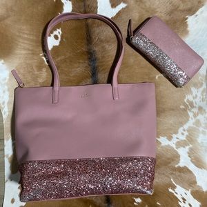 Kate Spade Greta Court Penny Large Tote + Neda Wallet Dusty Peony Pink Glitter